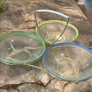 Colorful Vintage Pebbled Glass Serving Bowls with Gold Trim Triple Caddy Holder